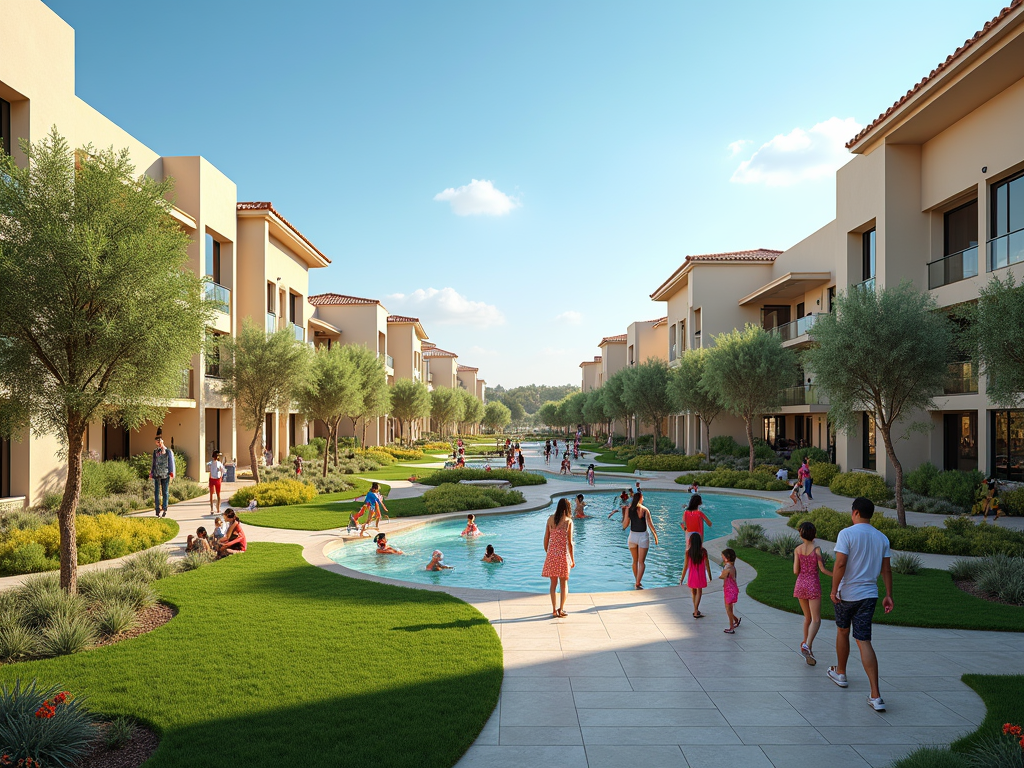 Lively community setting with families enjoying a sunny day by a narrow pool lined with modern houses.