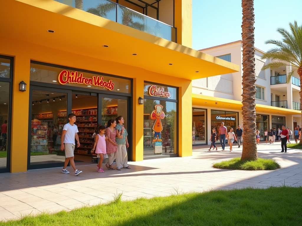 Family walking past a colorful "Children Woods" store in a sunny outdoor shopping mall with palm trees.