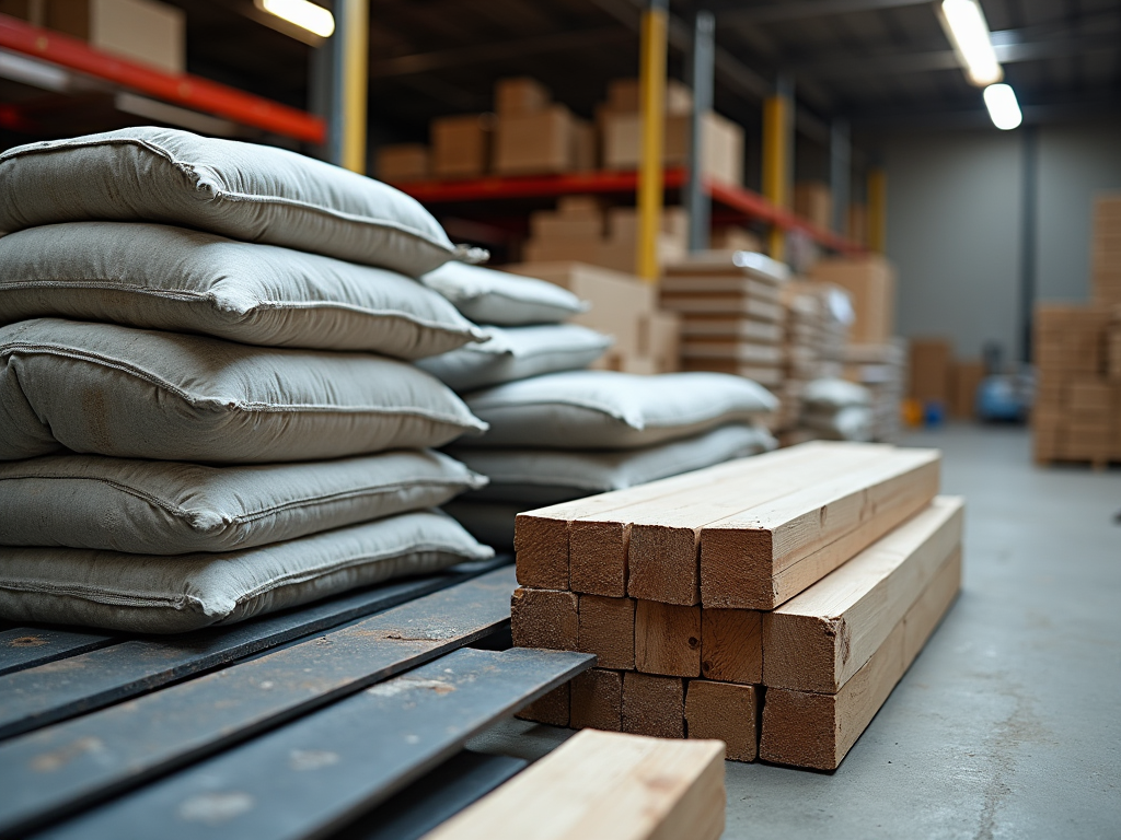 Stacked sacks on a pallet and wooden beams in a warehouse setting.