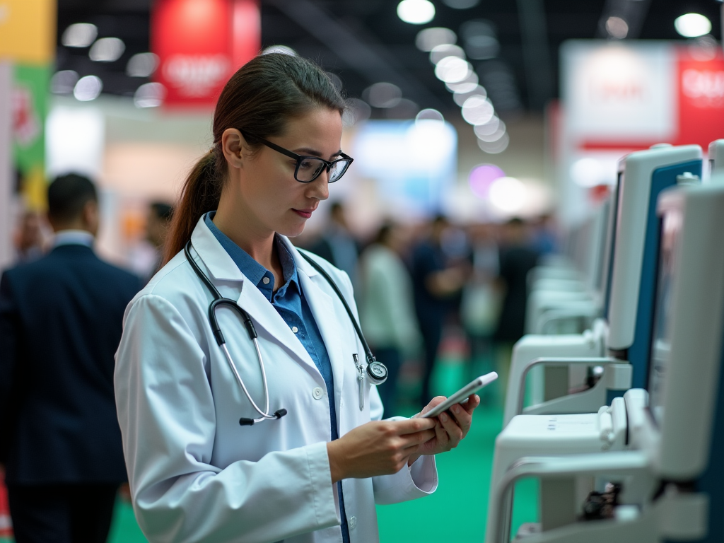 Female doctor with glasses, using a smartphone at a busy medical conference.