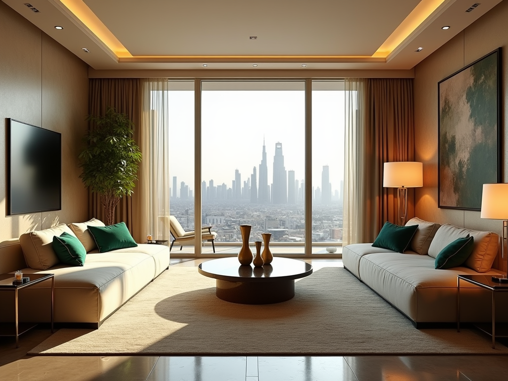 Luxurious living room interior with large windows showcasing a city skyline view.