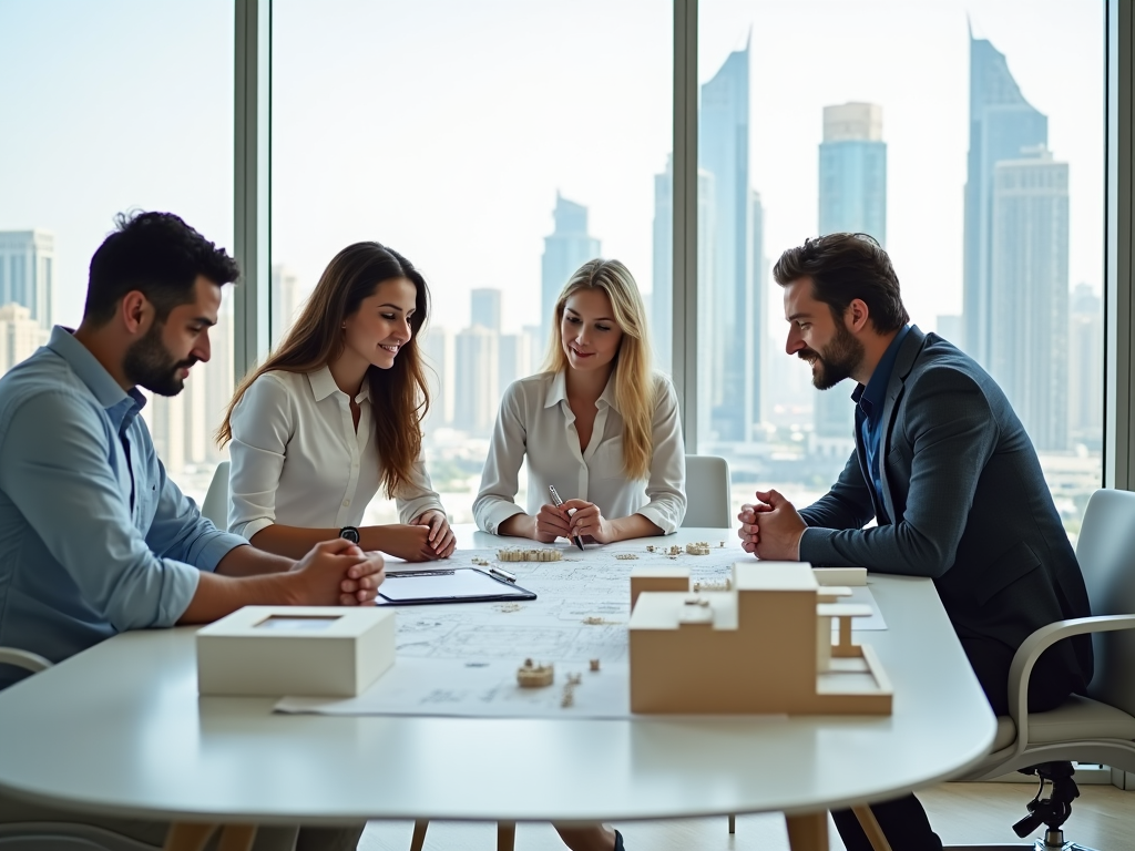 Four professionals discussing over architectural models in a modern office with cityscape view.