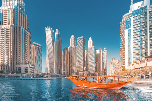 A traditional dhow boat floats in front of the modern skyscrapers of Dubai's Marina, illustrating apartment assignments.