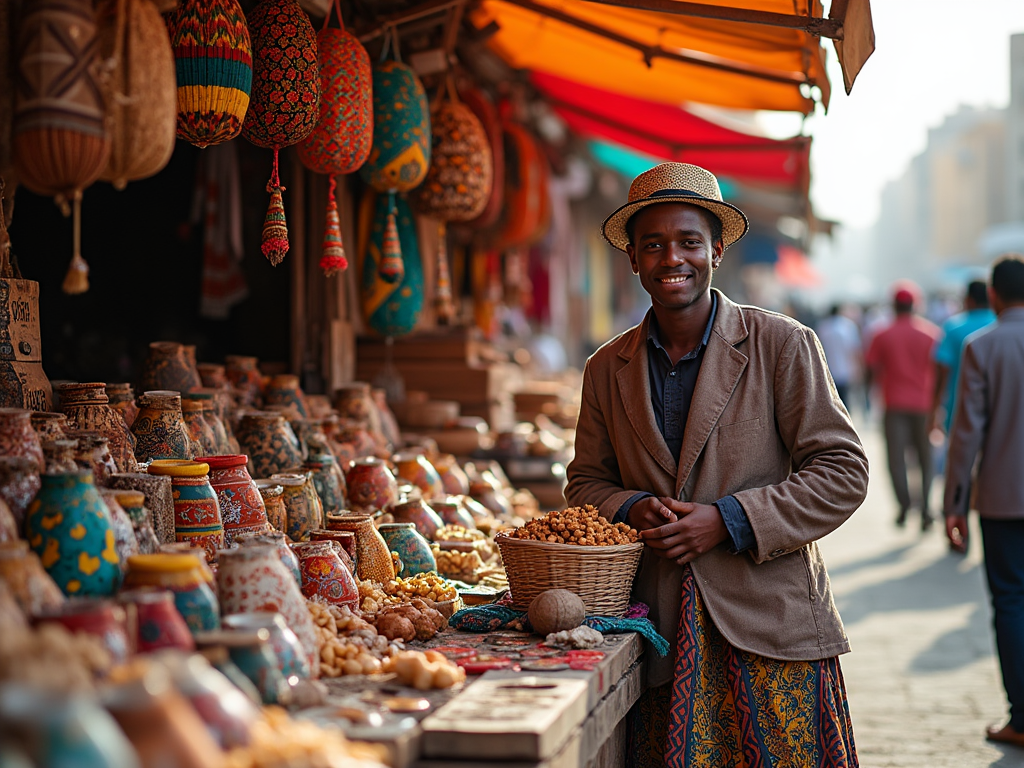 Smiling man in a straw hat standing at a colorful market stall.