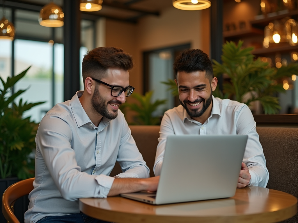 Two men laughing and looking at a laptop in a cozy café setting.