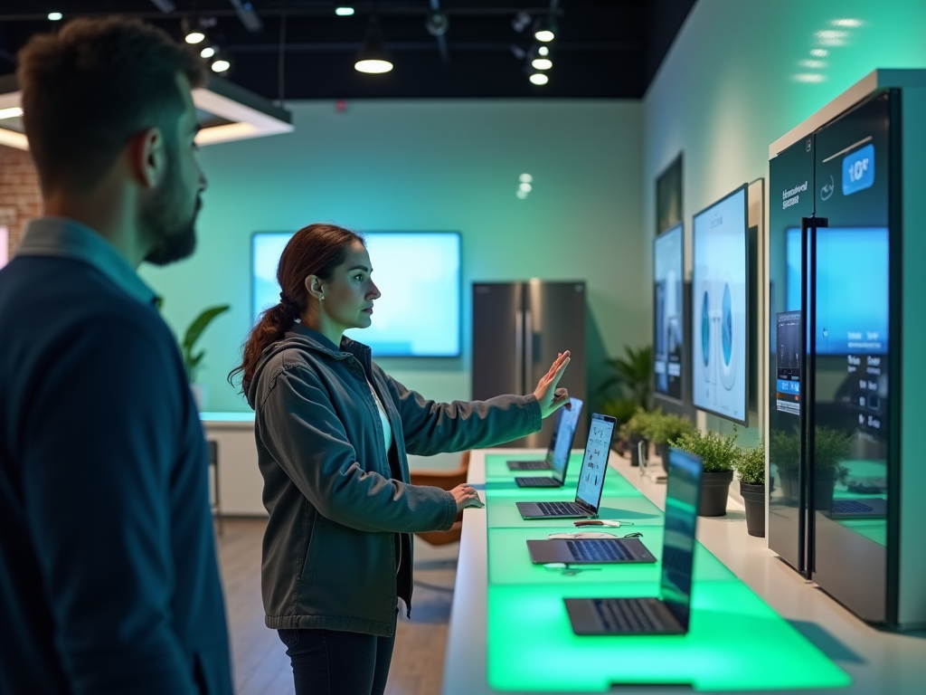 Woman demonstrating tech products to a man in modern electronics store.