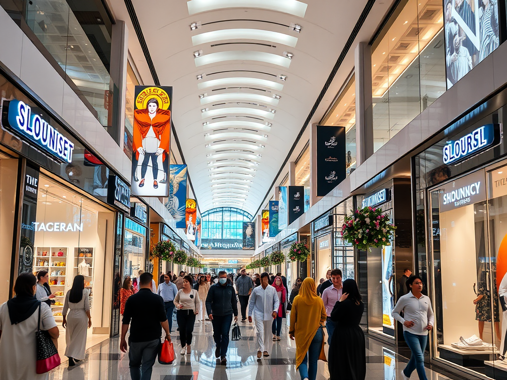 A busy shopping mall with people walking, stores on both sides, and vibrant advertisements above.