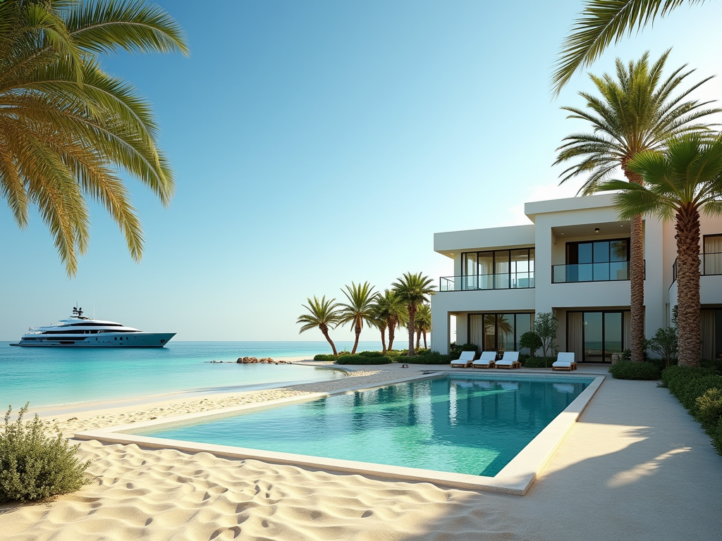 Luxury seaside villa with pool and yacht, flanked by palm trees under a clear blue sky.