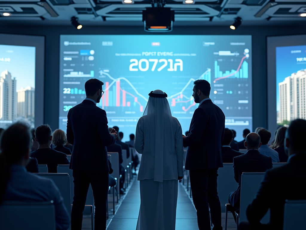 Business professionals view financial projections on a large screen at a conference.