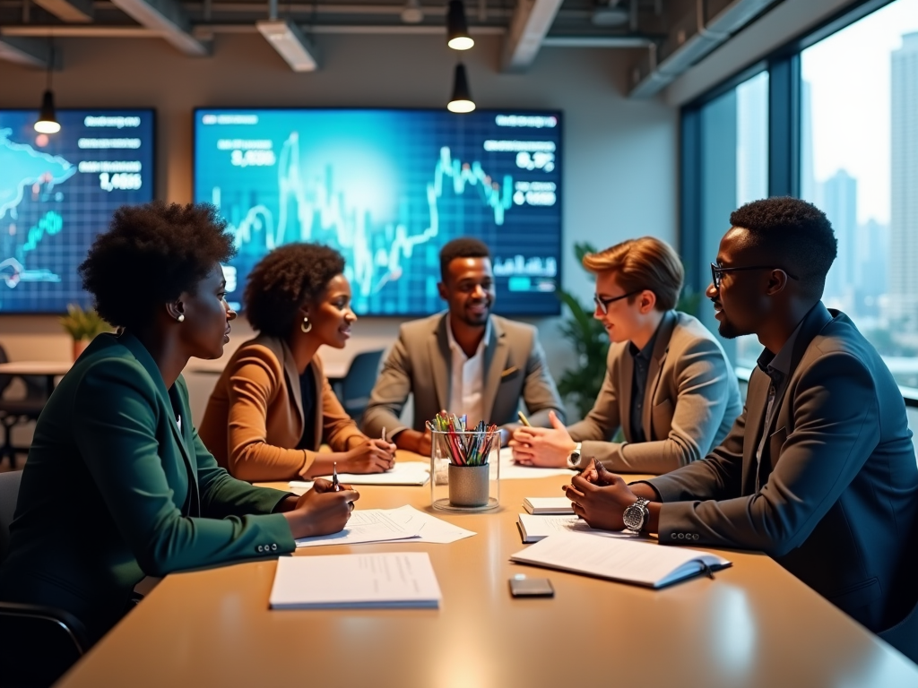 Diverse group of professionals engaged in a meeting around a table with digital finance charts in background.