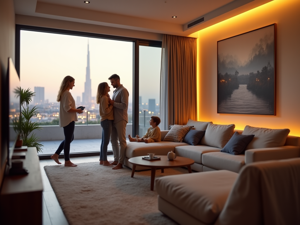 Family converses in a cozy, modern living room with a cityscape view at dusk.