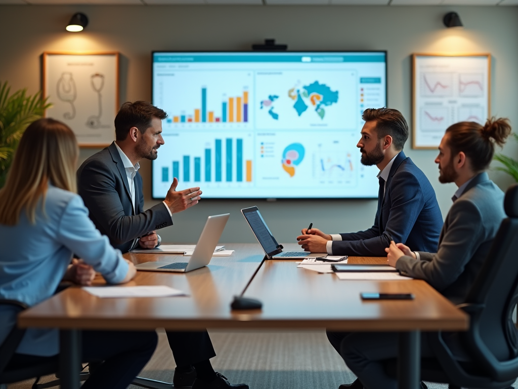 Business professionals in a meeting discussing data charts displayed on screens in a modern office.