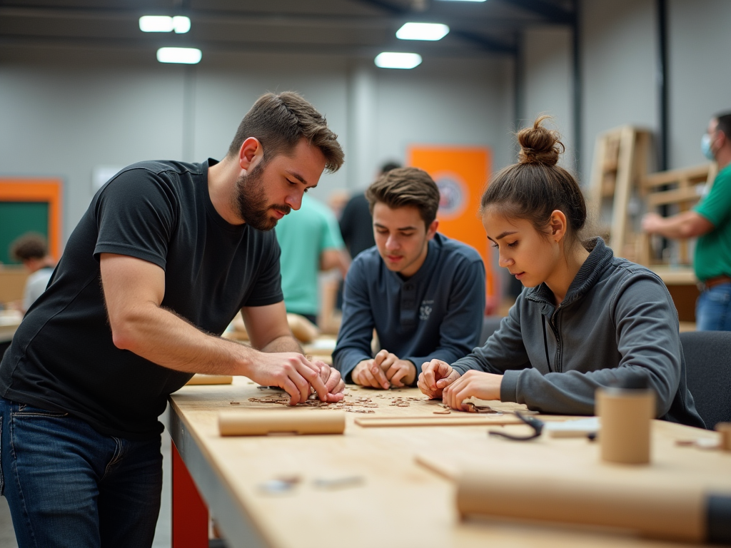 Three young adults engaged in assembling wooden parts at a workshop table.