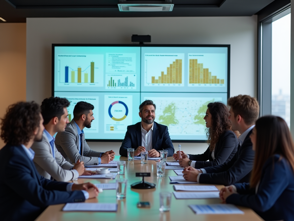 Business meeting in progress with a diverse group of professionals around a table, analyzing data presented on a screen.