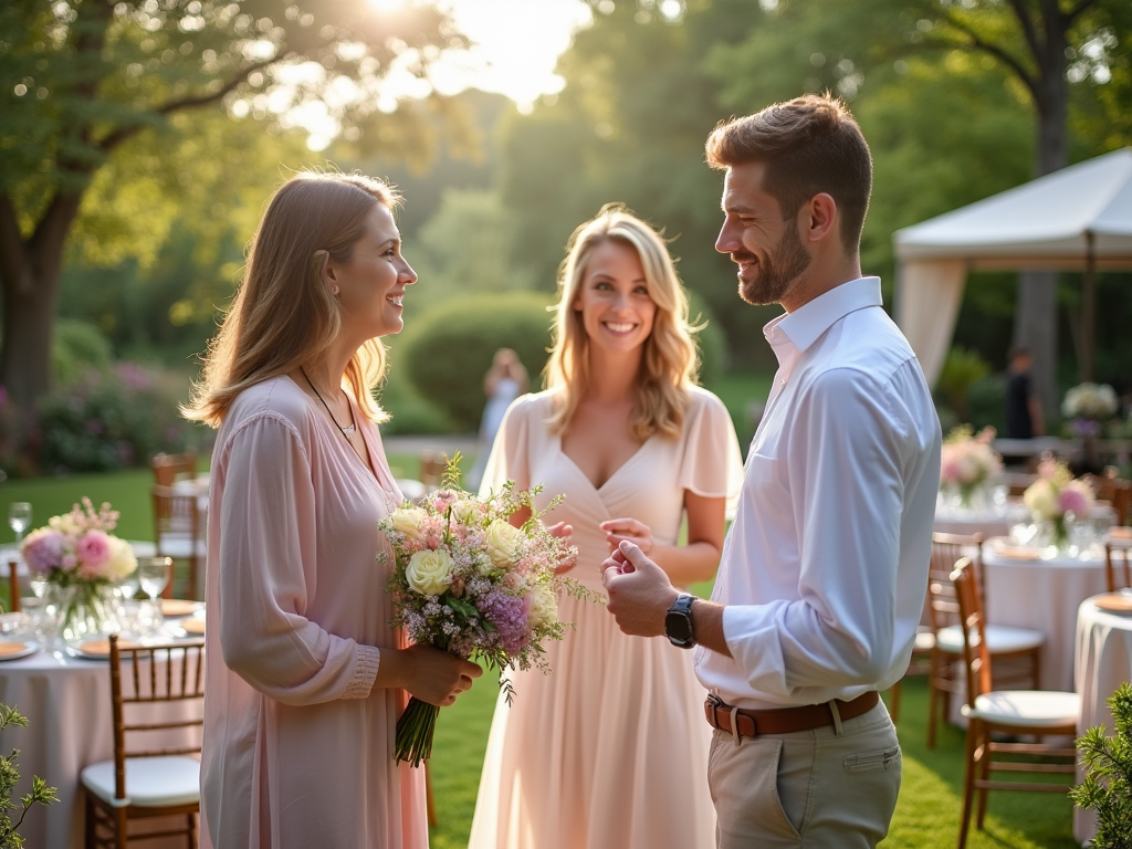 Three people chatting at an outdoor wedding reception, with one woman holding a bouquet.