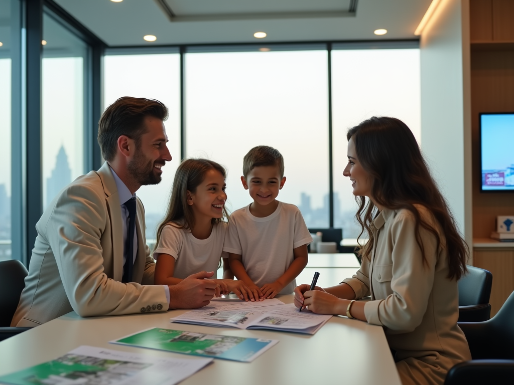 Family discusses plans with advisor in bright office overlooking the city.