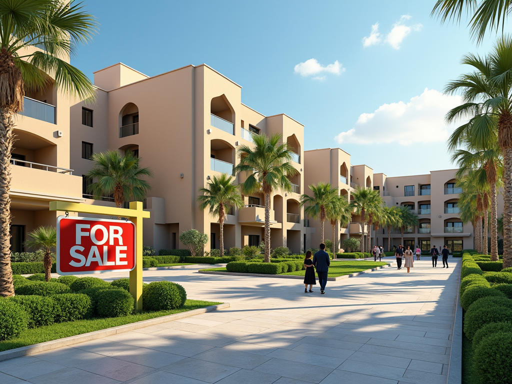 People walking near a "For Sale" sign at a modern apartment complex with palm trees.