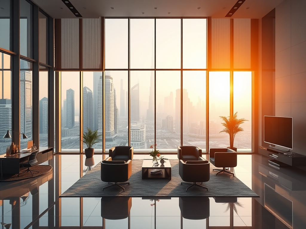 A modern lounge with city skyline view at sunset, featuring sleek furniture and plants.