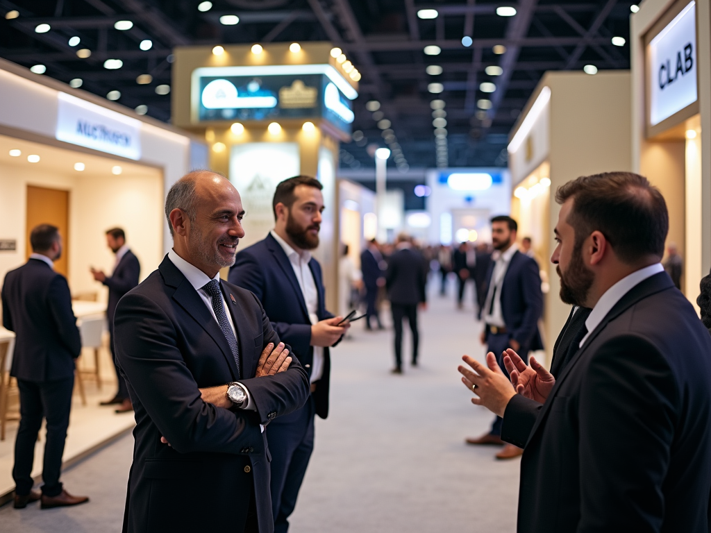 Businessmen in conversation at a busy trade show with exhibition stands in background.