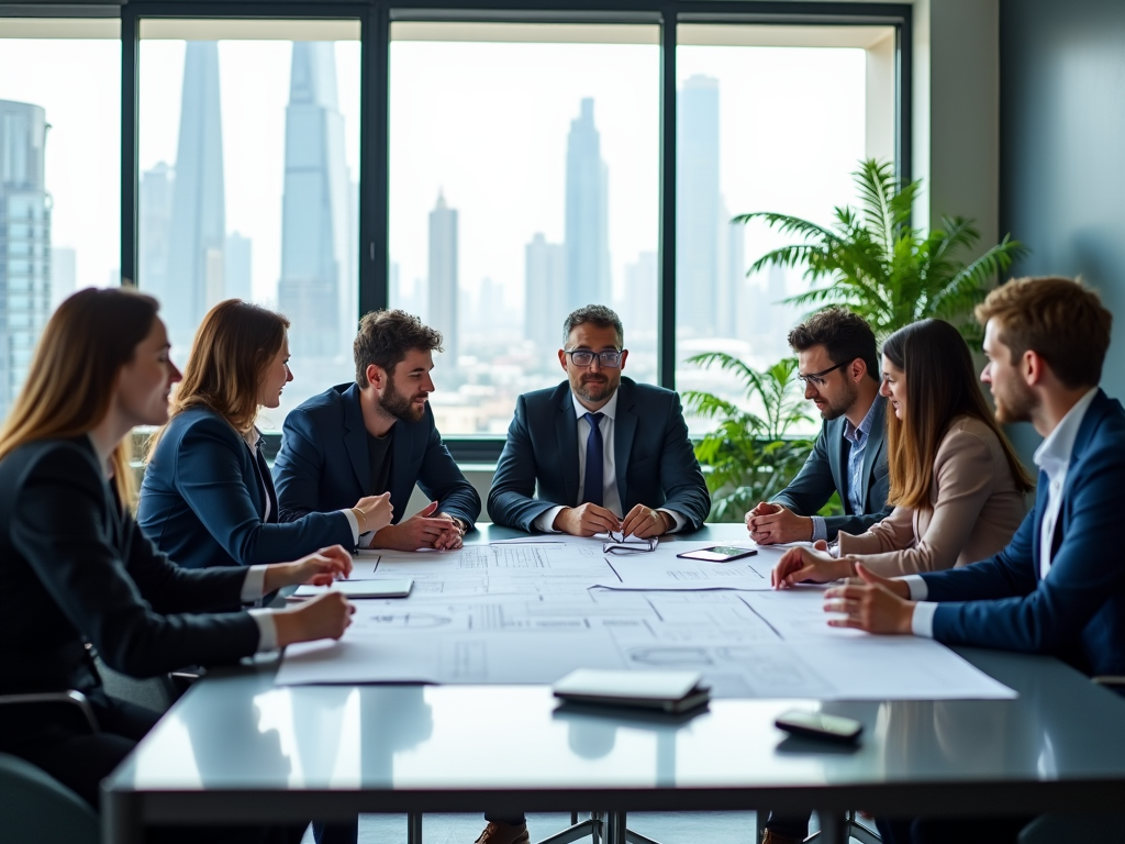 Business professionals discussing around a table with city skyline in the background.