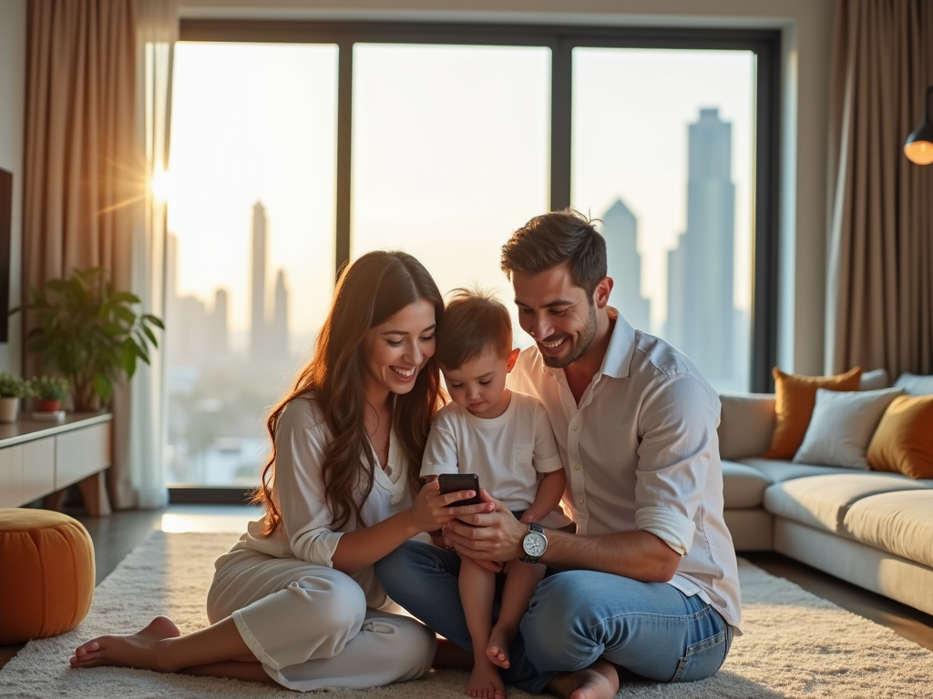 Family with a young child looking at a smartphone together in a sunlit living room.