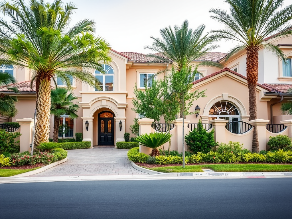 A beautifully landscaped house entrance with palm trees, lush greenery, and a welcoming pathway.