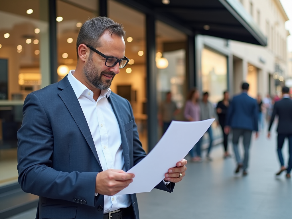 Businessman in glasses reading a document on a busy city street.