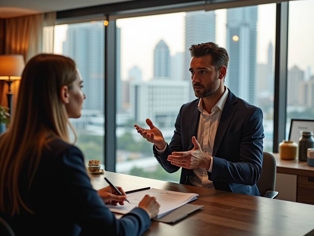 Two professionals in a discussion at an office with city skyline in the background.