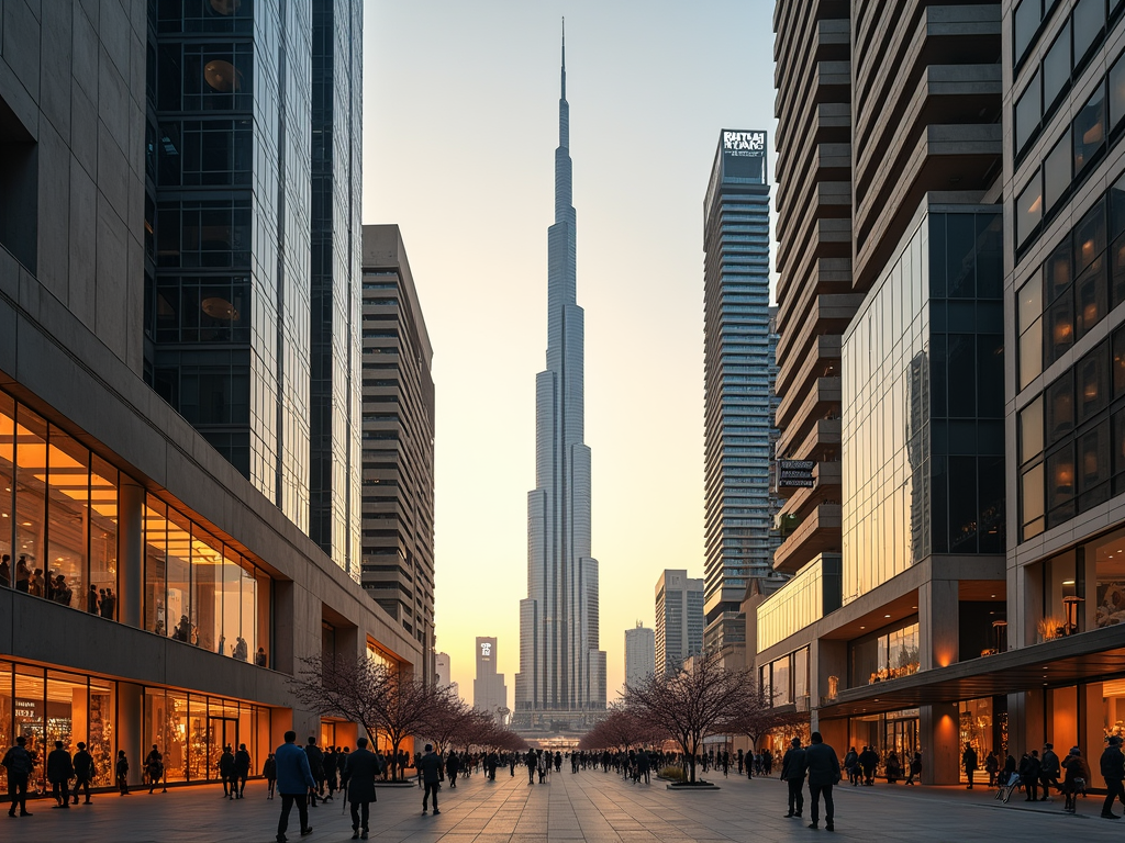 Pedestrians stroll along a bustling city promenade flanked by modern buildings at dusk, with a tall tower in the distance.