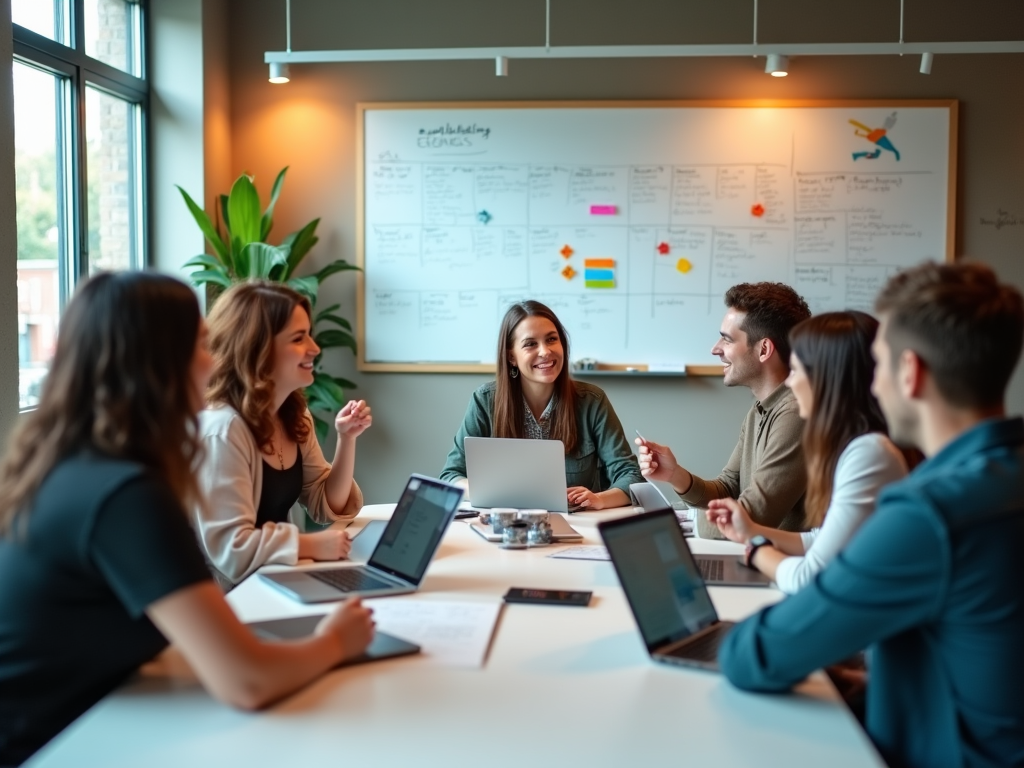 Diverse group of professionals engaging in a lively discussion around a conference table in a modern office.