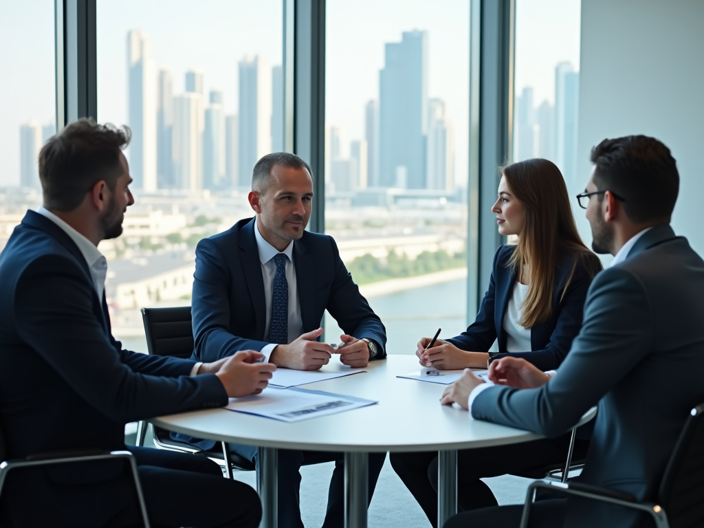 Four business professionals in a meeting with city skyline in background.