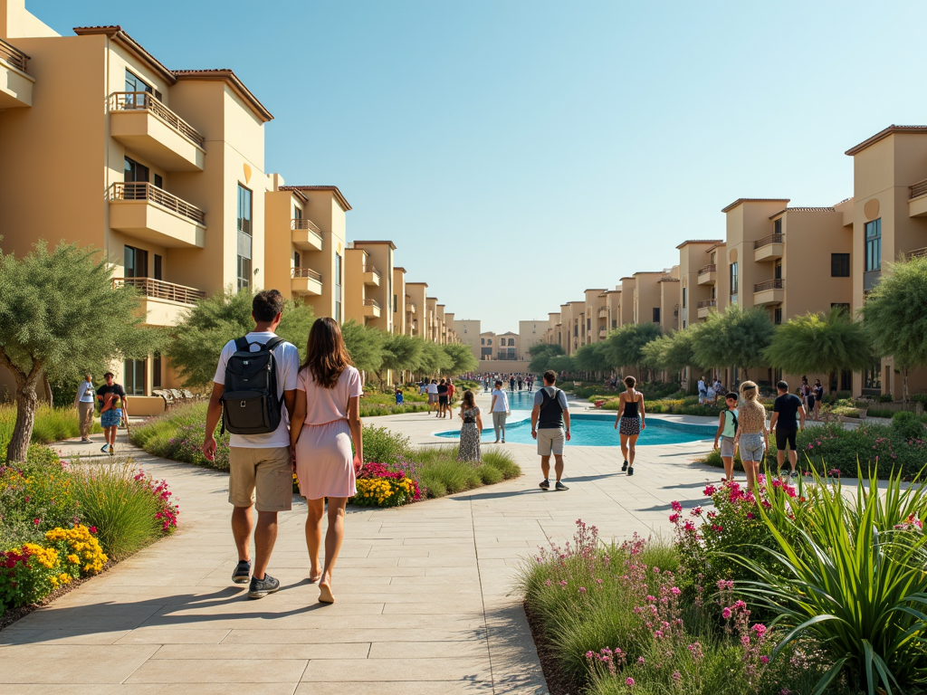 A couple strolls down a path flanked by lush gardens and rows of sunlit, beige residential buildings.