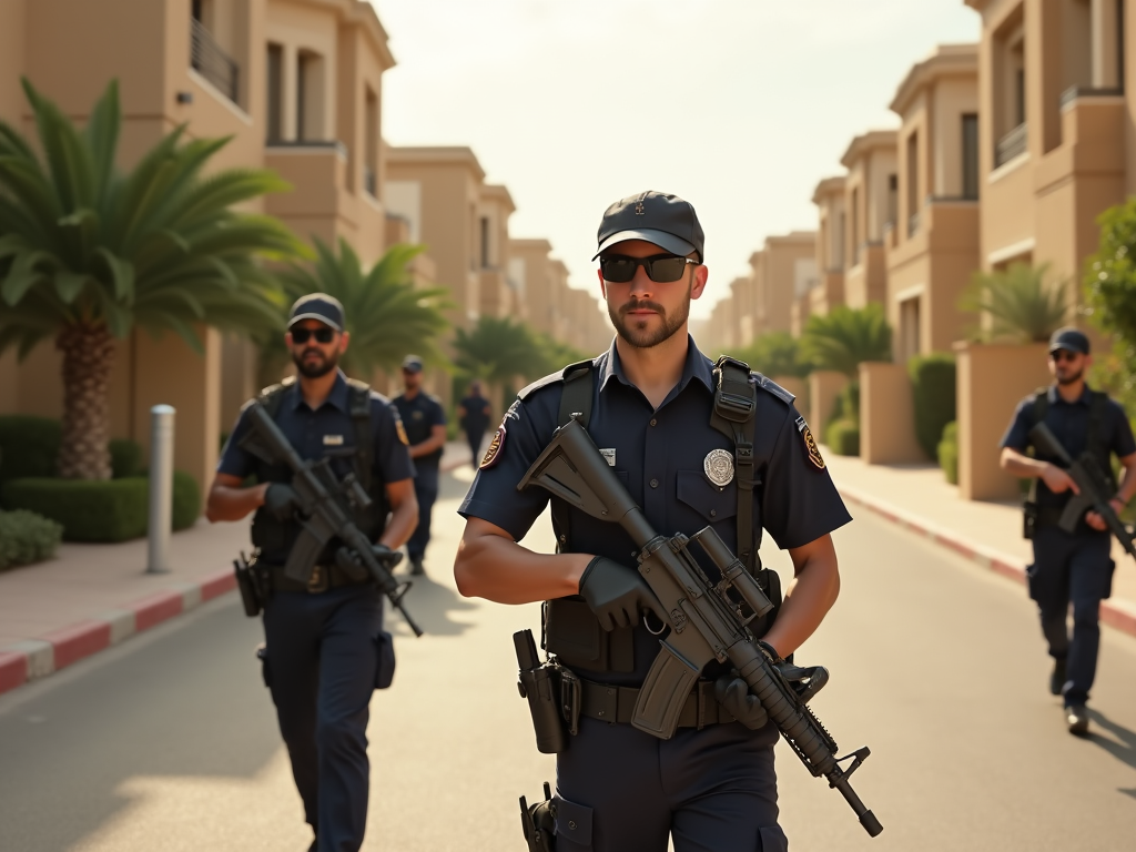 Police officers in sunglasses and uniforms, carrying rifles, patrol a suburban street.