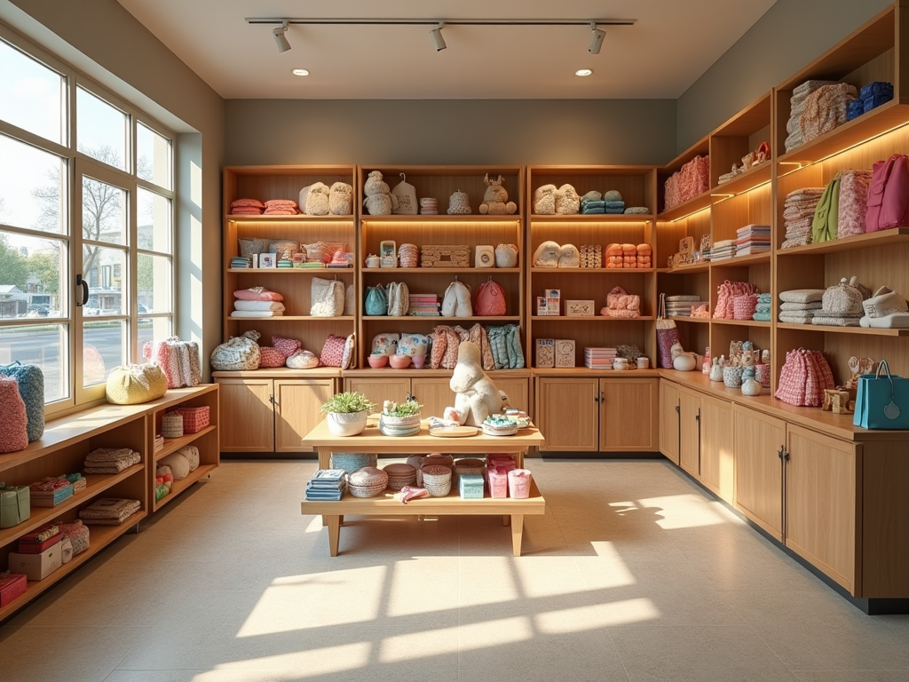 Well-lit boutique with neatly arranged shelves filled with colorful textiles and accessories.