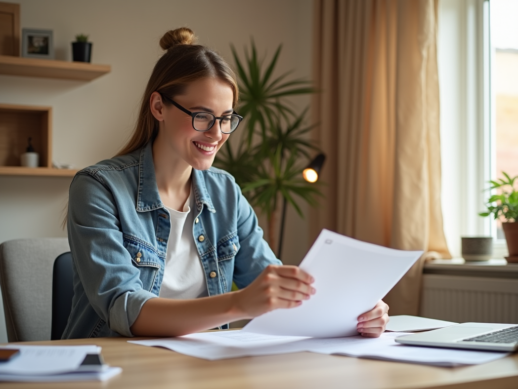 Smiling woman with glasses reading a document at a desk in home office.