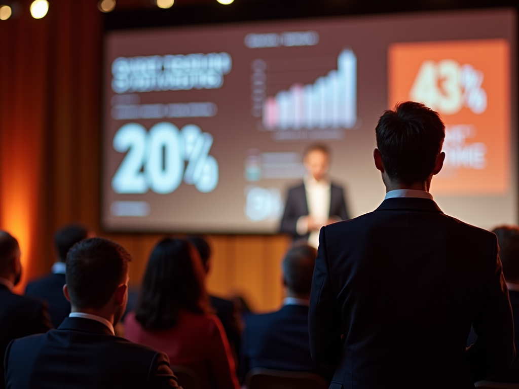 Audience viewing a presentation with statistical data on screen, speaker visible in the background.