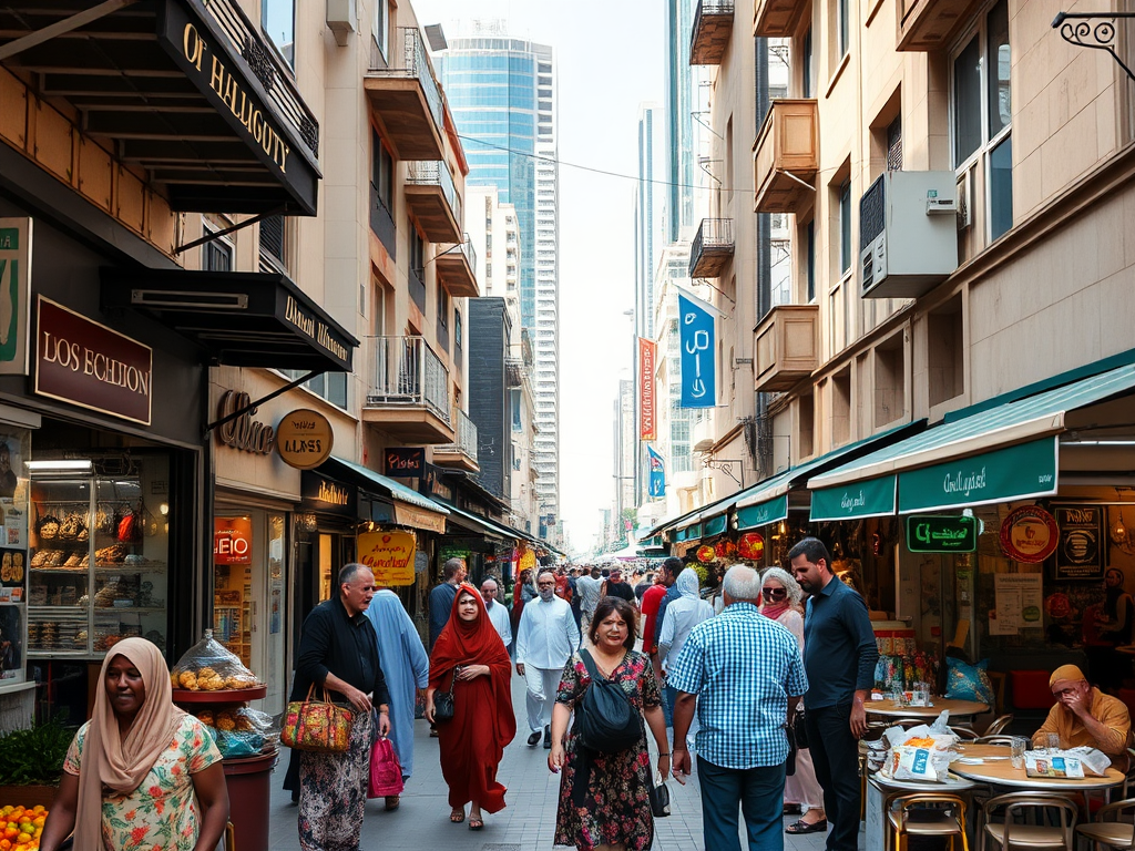 A bustling street scene with people walking, shops lining both sides, and a vibrant urban atmosphere.